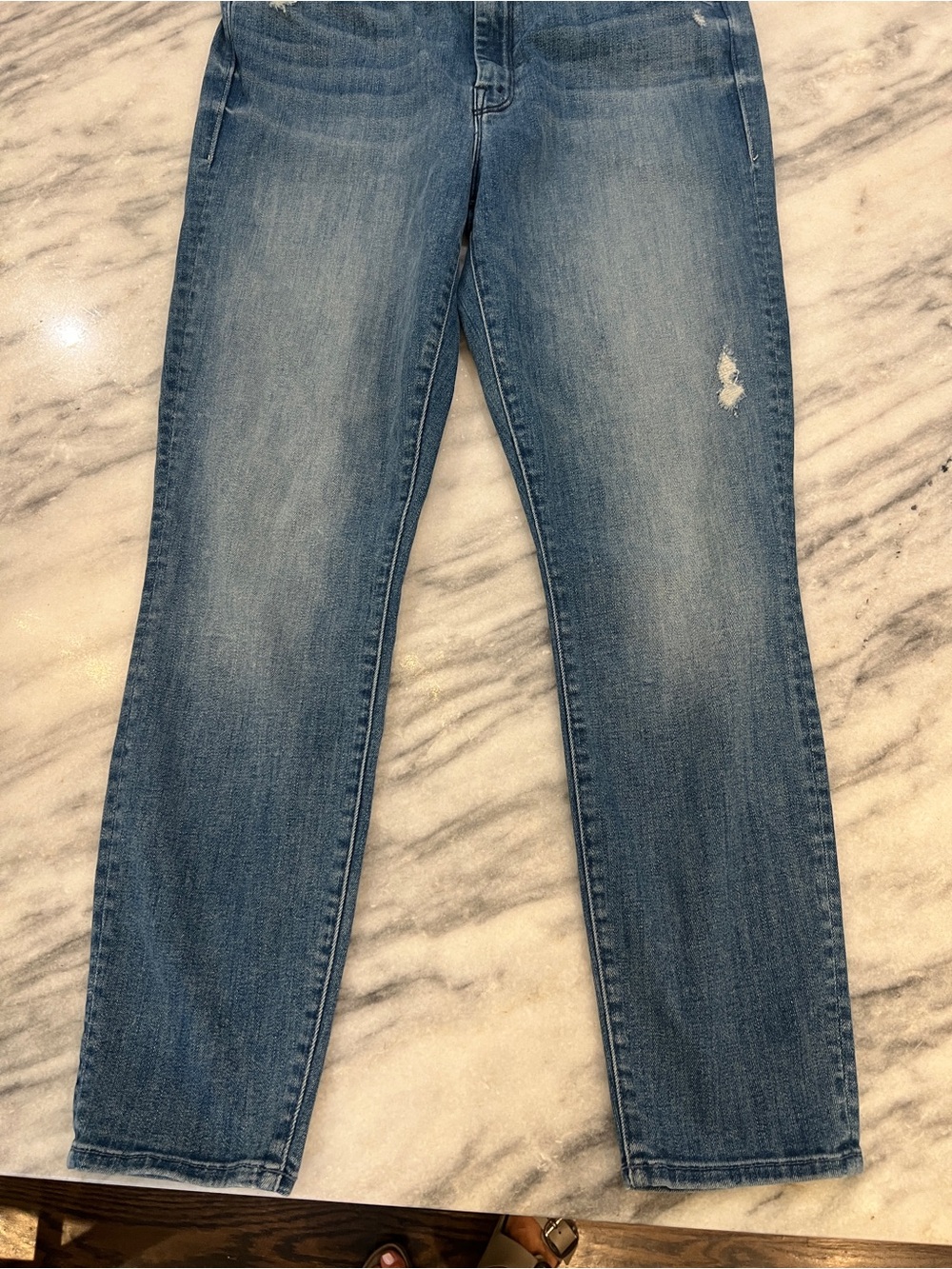 MOTHER Straight Leg Jeans in Mid Blue with Light Distress